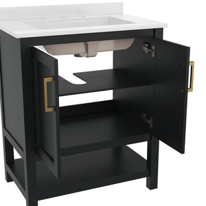 English Elm Vega Bathroom Vanity with Sink Combo - Stylish Carrara Marble Countertop, Soft-Close Doors & Storage Black Frame/Gold Hardware 30" FS-VEGA30-BK-HDGLD-GG