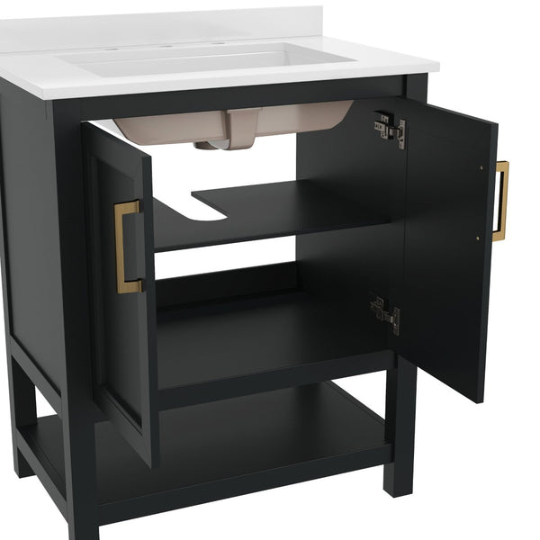 English Elm Vega Bathroom Vanity with Sink Combo - Stylish Carrara Marble Countertop, Soft-Close Doors & Storage Black Frame/Gold Hardware 30" FS-VEGA30-BK-HDGLD-GG