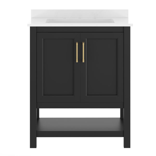 English Elm Vega Bathroom Vanity with Sink Combo - Stylish Carrara Marble Countertop, Soft-Close Doors & Storage Black Frame/Gold Hardware 30" FS-VEGA30-BK-HDGLD-GG