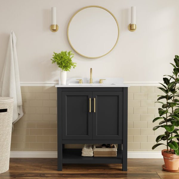 English Elm Vega Bathroom Vanity with Sink Combo - Stylish Carrara Marble Countertop, Soft-Close Doors & Storage Black Frame/Gold Hardware 30" FS-VEGA30-BK-HDGLD-GG
