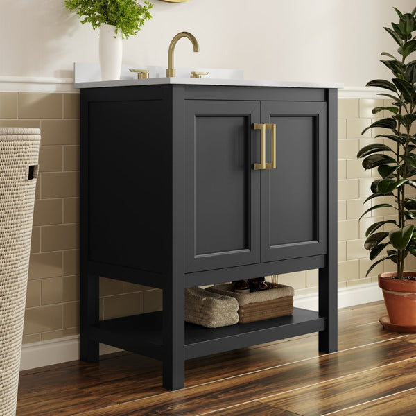 English Elm Vega Bathroom Vanity with Sink Combo - Stylish Carrara Marble Countertop, Soft-Close Doors & Storage Black Frame/Gold Hardware 30" FS-VEGA30-BK-HDGLD-GG