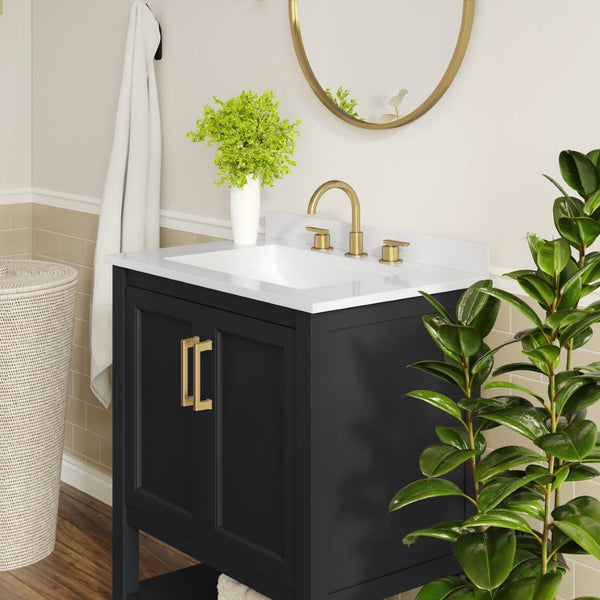 English Elm Vega Bathroom Vanity with Sink Combo - Stylish Carrara Marble Countertop, Soft-Close Doors & Storage Black Frame/Gold Hardware 30" FS-VEGA30-BK-HDGLD-GG