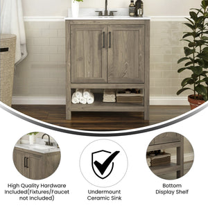 English Elm Vega Bathroom Vanity with Sink Combo - Stylish Carrara Marble Countertop, Soft-Close Doors & Storage Brown 30" FS-VEGA30-BR-GG