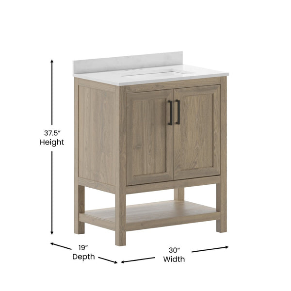 English Elm Vega Bathroom Vanity with Sink Combo - Stylish Carrara Marble Countertop, Soft-Close Doors & Storage Brown 30" FS-VEGA30-BR-GG