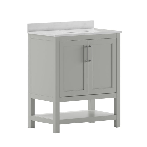 English Elm Vega Bathroom Vanity with Sink Combo - Stylish Carrara Marble Countertop, Soft-Close Doors & Storage Gray 30" FS-VEGA30-GY-GG