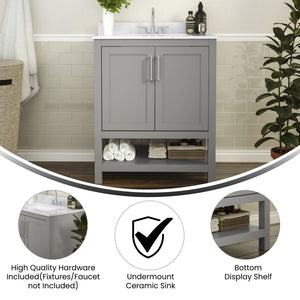 English Elm Vega Bathroom Vanity with Sink Combo - Stylish Carrara Marble Countertop, Soft-Close Doors & Storage Gray 30" FS-VEGA30-GY-GG