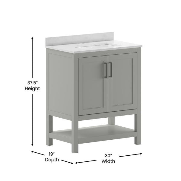 English Elm Vega Bathroom Vanity with Sink Combo - Stylish Carrara Marble Countertop, Soft-Close Doors & Storage Gray 30" FS-VEGA30-GY-GG