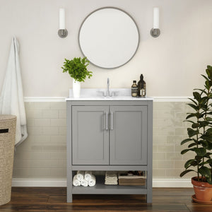 English Elm Vega Bathroom Vanity with Sink Combo - Stylish Carrara Marble Countertop, Soft-Close Doors & Storage Gray 30" FS-VEGA30-GY-GG