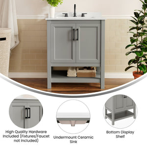 English Elm Vega Bathroom Vanity with Sink Combo - Stylish Carrara Marble Countertop, Soft-Close Doors & Storage Gray Frame/Black Hardware 30" FS-VEGA30-GY-HDBLK-GG