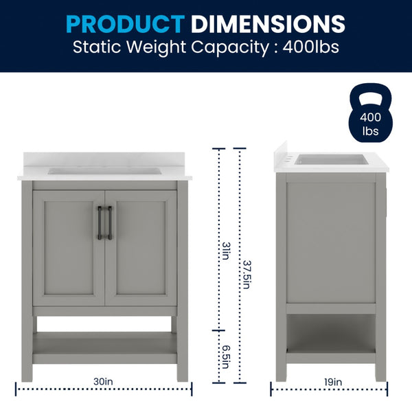 English Elm Vega Bathroom Vanity with Sink Combo - Stylish Carrara Marble Countertop, Soft-Close Doors & Storage Gray Frame/Black Hardware 30" FS-VEGA30-GY-HDBLK-GG