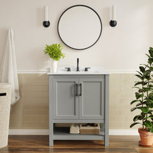 English Elm Vega Bathroom Vanity with Sink Combo - Stylish Carrara Marble Countertop, Soft-Close Doors & Storage Gray Frame/Black Hardware 30" FS-VEGA30-GY-HDBLK-GG