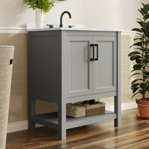 English Elm Vega Bathroom Vanity with Sink Combo - Stylish Carrara Marble Countertop, Soft-Close Doors & Storage Gray Frame/Black Hardware 30" FS-VEGA30-GY-HDBLK-GG