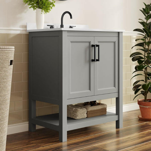 English Elm Vega Bathroom Vanity with Sink Combo - Stylish Carrara Marble Countertop, Soft-Close Doors & Storage Gray Frame/Black Hardware 30" FS-VEGA30-GY-HDBLK-GG