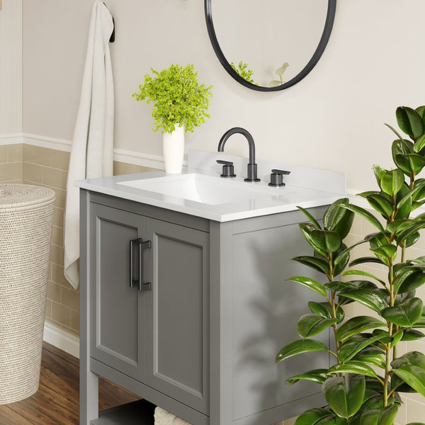 English Elm Vega Bathroom Vanity with Sink Combo - Stylish Carrara Marble Countertop, Soft-Close Doors & Storage Gray Frame/Black Hardware 30" FS-VEGA30-GY-HDBLK-GG