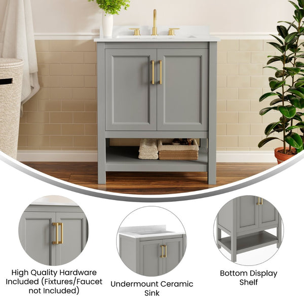 English Elm Vega Bathroom Vanity with Sink Combo - Stylish Carrara Marble Countertop, Soft-Close Doors & Storage Gray Frame/Gold Hardware 30" FS-VEGA30-GY-HDGLD-GG