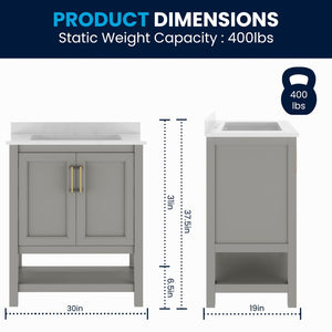 English Elm Vega Bathroom Vanity with Sink Combo - Stylish Carrara Marble Countertop, Soft-Close Doors & Storage Gray Frame/Gold Hardware 30" FS-VEGA30-GY-HDGLD-GG