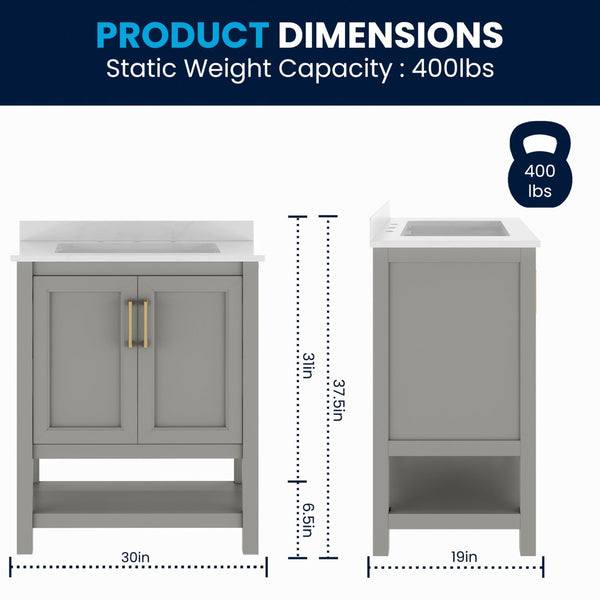 English Elm Vega Bathroom Vanity with Sink Combo - Stylish Carrara Marble Countertop, Soft-Close Doors & Storage Gray Frame/Gold Hardware 30" FS-VEGA30-GY-HDGLD-GG