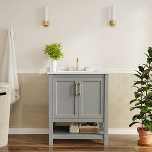 English Elm Vega Bathroom Vanity with Sink Combo - Stylish Carrara Marble Countertop, Soft-Close Doors & Storage Gray Frame/Gold Hardware 30" FS-VEGA30-GY-HDGLD-GG