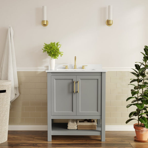 English Elm Vega Bathroom Vanity with Sink Combo - Stylish Carrara Marble Countertop, Soft-Close Doors & Storage Gray Frame/Gold Hardware 30" FS-VEGA30-GY-HDGLD-GG