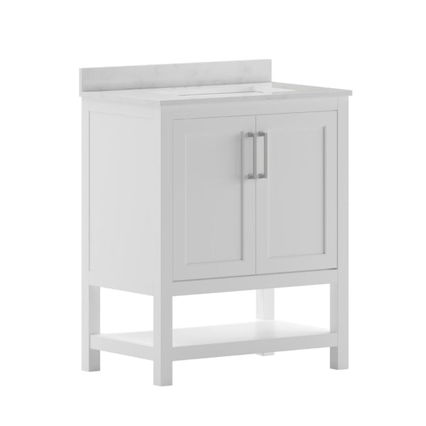 English Elm Vega Bathroom Vanity with Sink Combo - Stylish Carrara Marble Countertop, Soft-Close Doors & Storage White 30" FS-VEGA30-WH-GG