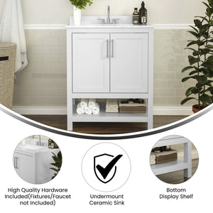 English Elm Vega Bathroom Vanity with Sink Combo - Stylish Carrara Marble Countertop, Soft-Close Doors & Storage White 30" FS-VEGA30-WH-GG
