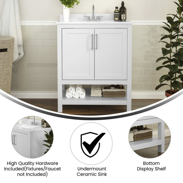 English Elm Vega Bathroom Vanity with Sink Combo - Stylish Carrara Marble Countertop, Soft-Close Doors & Storage White 30" FS-VEGA30-WH-GG