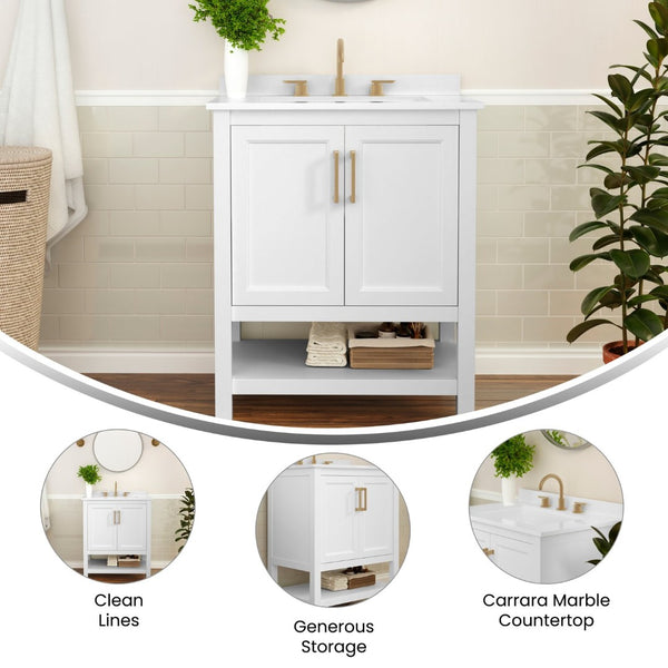 English Elm Vega Bathroom Vanity with Sink Combo - Stylish Carrara Marble Countertop, Soft-Close Doors & Storage White Frame/Gold Hardware 30" FS-VEGA30-WH-GLD-GG