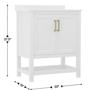 English Elm Vega Bathroom Vanity with Sink Combo - Stylish Carrara Marble Countertop, Soft-Close Doors & Storage White Frame/Gold Hardware 30" FS-VEGA30-WH-GLD-GG