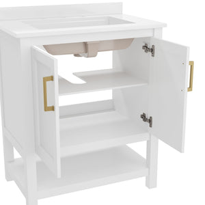 English Elm Vega Bathroom Vanity with Sink Combo - Stylish Carrara Marble Countertop, Soft-Close Doors & Storage White Frame/Gold Hardware 30" FS-VEGA30-WH-GLD-GG