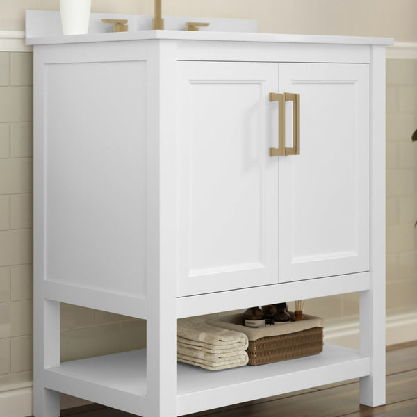 English Elm Vega Bathroom Vanity with Sink Combo - Stylish Carrara Marble Countertop, Soft-Close Doors & Storage White Frame/Gold Hardware 30" FS-VEGA30-WH-GLD-GG