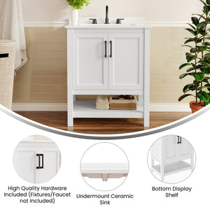 English Elm Vega Bathroom Vanity with Sink Combo - Stylish Carrara Marble Countertop, Soft-Close Doors & Storage White Frame/Black Hardware 30" FS-VEGA30-WH-HDBLK-GG
