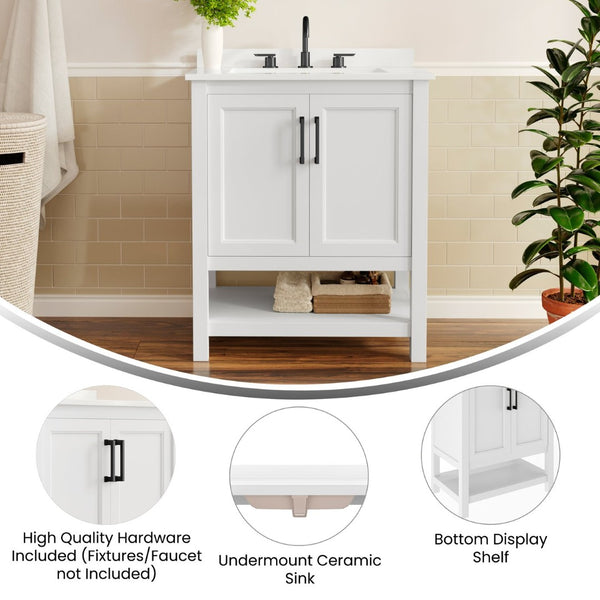 English Elm Vega Bathroom Vanity with Sink Combo - Stylish Carrara Marble Countertop, Soft-Close Doors & Storage White Frame/Black Hardware 30" FS-VEGA30-WH-HDBLK-GG