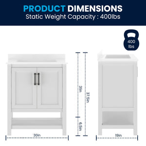 English Elm Vega Bathroom Vanity with Sink Combo - Stylish Carrara Marble Countertop, Soft-Close Doors & Storage White Frame/Black Hardware 30" FS-VEGA30-WH-HDBLK-GG