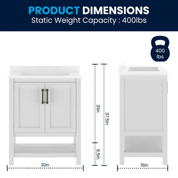 English Elm Vega Bathroom Vanity with Sink Combo - Stylish Carrara Marble Countertop, Soft-Close Doors & Storage White Frame/Black Hardware 30" FS-VEGA30-WH-HDBLK-GG