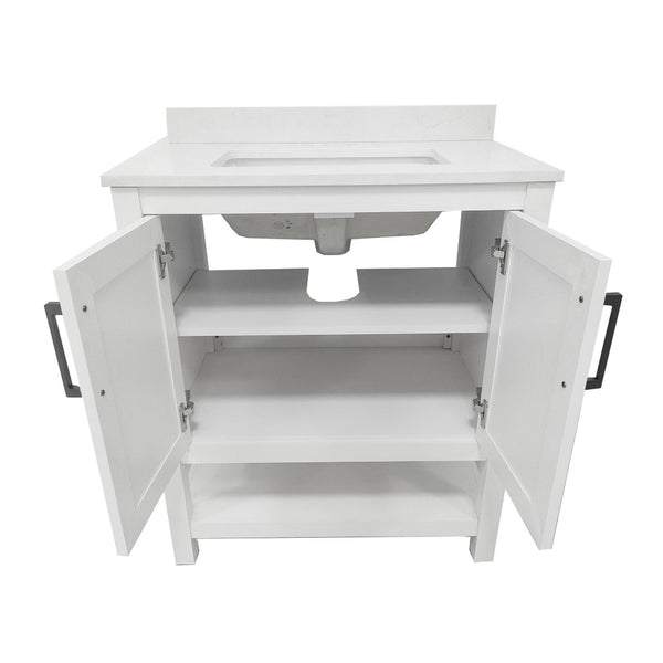 English Elm Vega Bathroom Vanity with Sink Combo - Stylish Carrara Marble Countertop, Soft-Close Doors & Storage White Frame/Black Hardware 30" FS-VEGA30-WH-HDBLK-GG