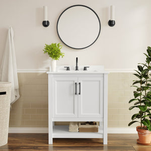 English Elm Vega Bathroom Vanity with Sink Combo - Stylish Carrara Marble Countertop, Soft-Close Doors & Storage White Frame/Black Hardware 30" FS-VEGA30-WH-HDBLK-GG