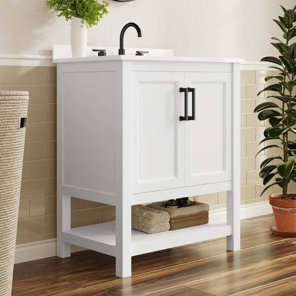 English Elm Vega Bathroom Vanity with Sink Combo - Stylish Carrara Marble Countertop, Soft-Close Doors & Storage White Frame/Black Hardware 30" FS-VEGA30-WH-HDBLK-GG