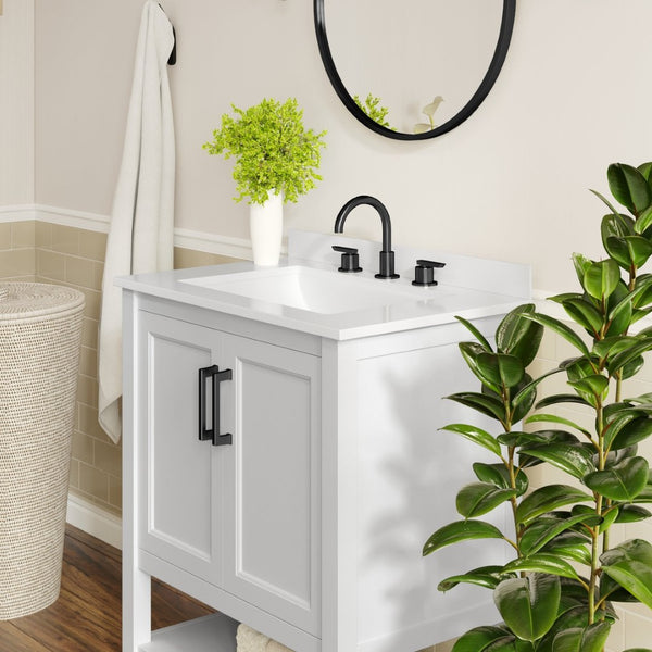 English Elm Vega Bathroom Vanity with Sink Combo - Stylish Carrara Marble Countertop, Soft-Close Doors & Storage White Frame/Black Hardware 30" FS-VEGA30-WH-HDBLK-GG