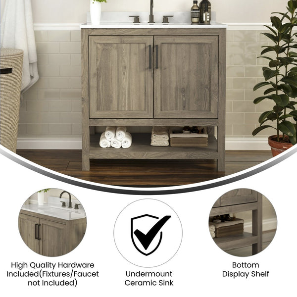 English Elm Vega Bathroom Vanity with Sink Combo - Stylish Carrara Marble Countertop, Soft-Close Doors & Storage Brown 36" FS-VEGA36-BR-GG