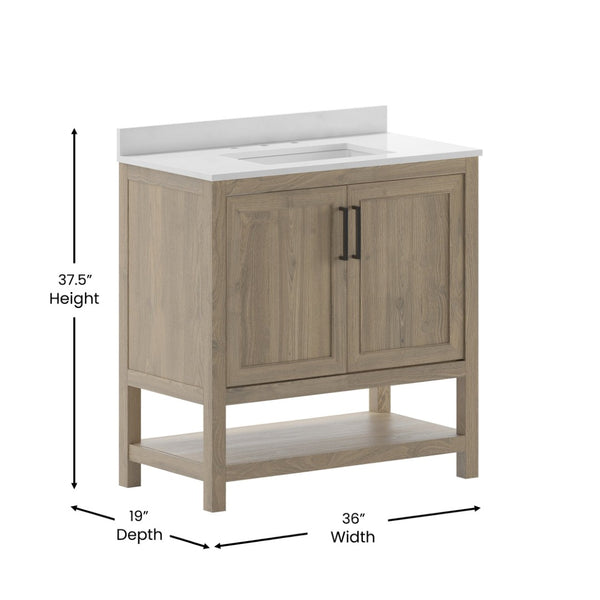 English Elm Vega Bathroom Vanity with Sink Combo - Stylish Carrara Marble Countertop, Soft-Close Doors & Storage Brown 36" FS-VEGA36-BR-GG