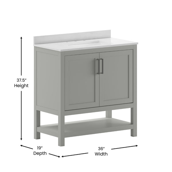 English Elm Vega Bathroom Vanity with Sink Combo - Stylish Carrara Marble Countertop, Soft-Close Doors & Storage Gray 36" FS-VEGA36-GY-GG