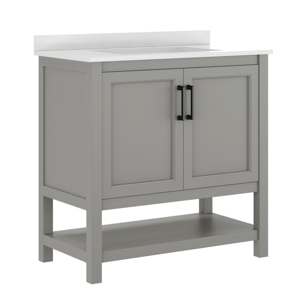 English Elm Vega Bathroom Vanity with Sink Combo - Stylish Carrara Marble Countertop, Soft-Close Doors & Storage Gray Frame/Black Hardware 36" FS-VEGA36-GY-HDBLK-GG