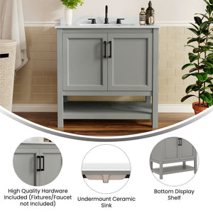 English Elm Vega Bathroom Vanity with Sink Combo - Stylish Carrara Marble Countertop, Soft-Close Doors & Storage Gray Frame/Black Hardware 36" FS-VEGA36-GY-HDBLK-GG