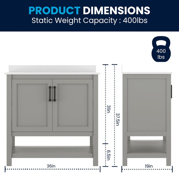 English Elm Vega Bathroom Vanity with Sink Combo - Stylish Carrara Marble Countertop, Soft-Close Doors & Storage Gray Frame/Black Hardware 36" FS-VEGA36-GY-HDBLK-GG