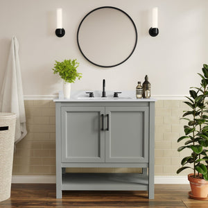 English Elm Vega Bathroom Vanity with Sink Combo - Stylish Carrara Marble Countertop, Soft-Close Doors & Storage Gray Frame/Black Hardware 36" FS-VEGA36-GY-HDBLK-GG