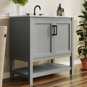 English Elm Vega Bathroom Vanity with Sink Combo - Stylish Carrara Marble Countertop, Soft-Close Doors & Storage Gray Frame/Black Hardware 36" FS-VEGA36-GY-HDBLK-GG