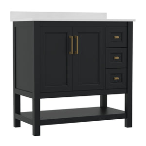 English Elm Vega Bathroom Vanity with Carrara Marble Sink, Soft-Close Storage, and Elegant Open Shelf Design Black Frame/Gold Hardware 36" FS-VEGA36-KD-BK-GLD-GG