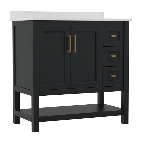English Elm Vega Bathroom Vanity with Carrara Marble Sink, Soft-Close Storage, and Elegant Open Shelf Design Black Frame/Gold Hardware 36" FS-VEGA36-KD-BK-GLD-GG