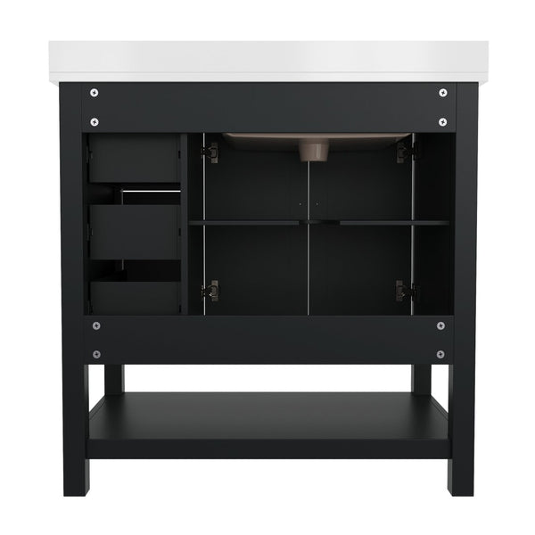 English Elm Vega Bathroom Vanity with Carrara Marble Sink, Soft-Close Storage, and Elegant Open Shelf Design Black Frame/Gold Hardware 36" FS-VEGA36-KD-BK-GLD-GG