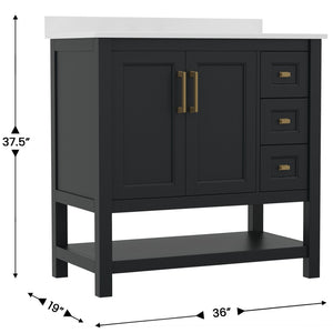 English Elm Vega Bathroom Vanity with Carrara Marble Sink, Soft-Close Storage, and Elegant Open Shelf Design Black Frame/Gold Hardware 36" FS-VEGA36-KD-BK-GLD-GG